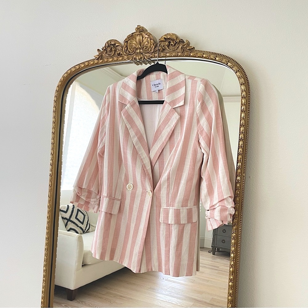 Chriselle Lim Ruched Double-Breasted Striped Blazer. Coat jacket. Size S EUC